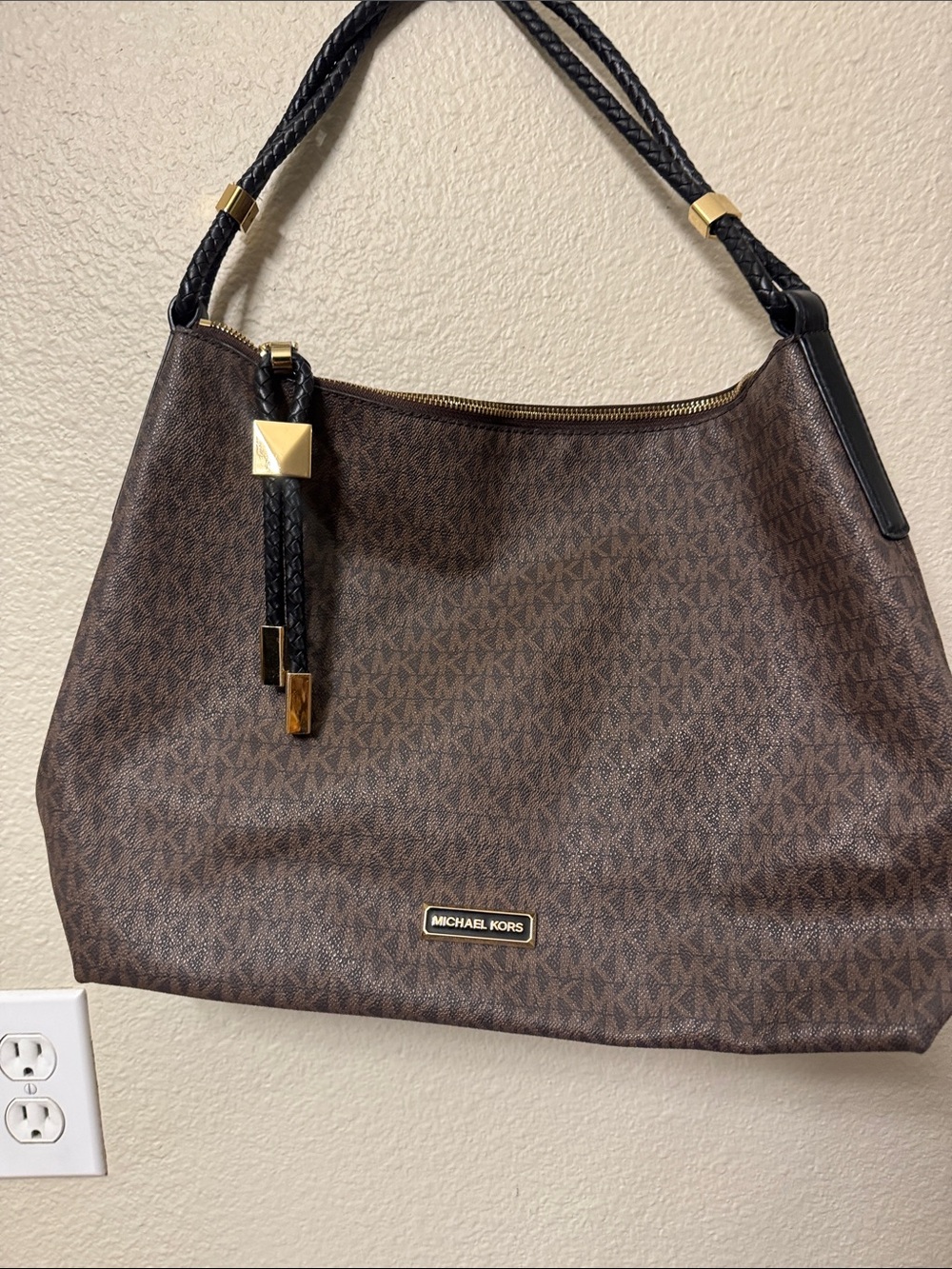 Michael Kors Brown MK Logo Shoulder Bag with Black Braided Handles